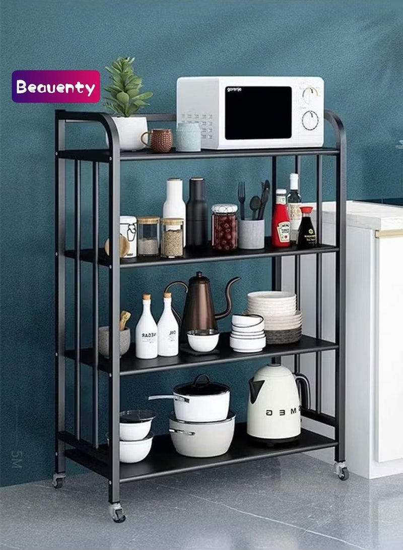 بيوينتي وحدة رفوف ميكروويف 4 طبقات، رف تخزين متعدد الاستخدامات لمنظم البهارات والأواني، محطة عمل، رف فرّان للمطبخ، منظم أدوات المائدة للخزانات وطاولات المطبخ (اللون: أسود، المقاس: ٦٠ × ٣٢ × ١٠٠ سم) - Image 1